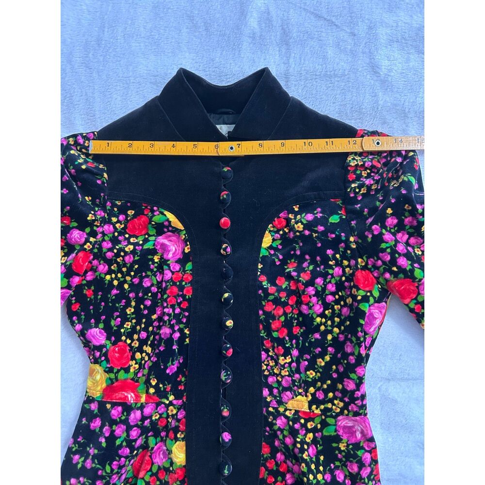 Vintage 70s Orphee Paris Floral Velvet Mini Dress XS Black French Mod Psych - Picture 13 of 16